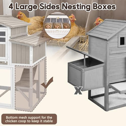 Large Wooden Chicken Coop for 2-6 Chickens, Outdoor Chicken House with 4 Nest Boxes, Hen House Poultry House Pet Hutch Chicken Cage with Waterproof Asphalt Roof, Ramp, Roosting Bars - color: Grey
