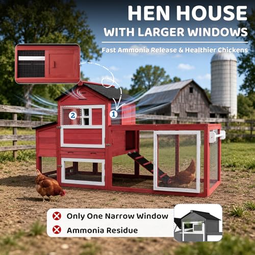 Chicken Coop with Wheels for 4-6 Chickens, Mobile Hen House with Run, Outdoor Chicken Coop, Ventilated Window, Easy-Clean Nesting Box, Weatherproof Asphalt Roof, 82.7” L x 25.6” W x 44.1” H, Red - color: Red