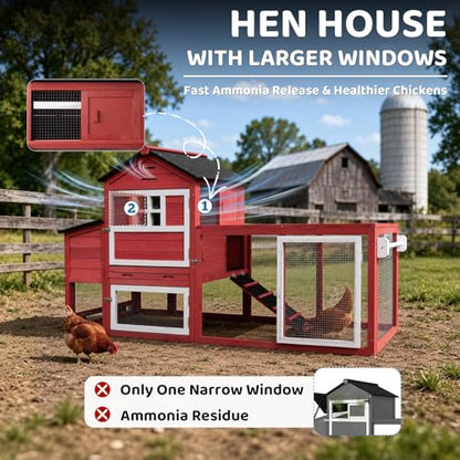 Chicken Coop with Wheels for 4-6 Chickens, Mobile Hen House with Run, Outdoor Chicken Coop, Ventilated Window, Easy-Clean Nesting Box, Weatherproof Asphalt Roof, 82.7” L x 25.6” W x 44.1” H, Red - color: Red