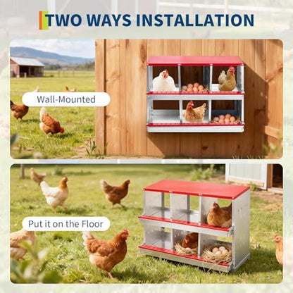 Metal Chicken Nesting Boxes - 8 Hole Wall-Mountable Laying Boxes with Flip-Top Lid & Roll-Away Egg Collection, Weatherproof Galvanized Steel, Includes 8 Fake Eggs for Chicken Coop, Red - color: Red, size: 6 compartment with Flip-top Egg collection box