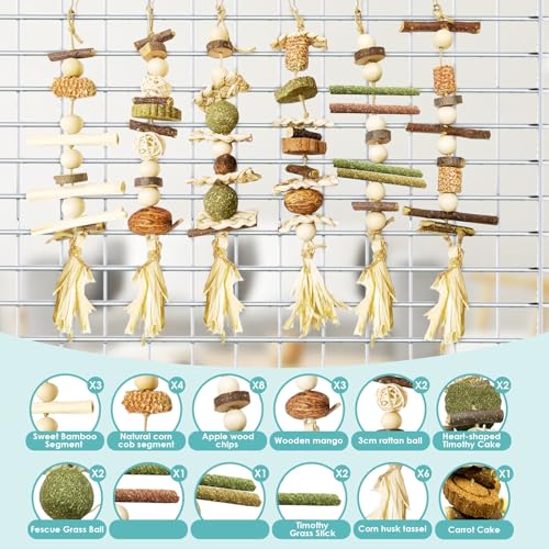 6PCS Bunny Chew Toys, Hamster Rabbit Cage Hanging Chew Toys, Natural Apple Wood Bunnies Treats, Improve Small Animal Teeth Health for Guinea Pig Chinchilla Ferret Rats Gerbil