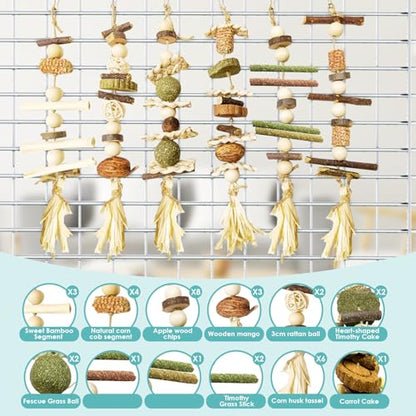 6PCS Bunny Chew Toys, Hamster Rabbit Cage Hanging Chew Toys, Natural Apple Wood Bunnies Treats, Improve Small Animal Teeth Health for Guinea Pig Chinchilla Ferret Rats Gerbil