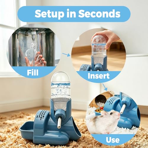 VANNON 3 in 1 Hamster Water Bottle No Drip Small Animal Water Bottle Automatic Bottle Dispenser with Food Container Base Hut and Hideout Base 4oz/120ml,Leekproof, BPA Free - color: Blue