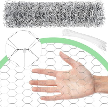 Chicken Wire 16.9 in x 393.7 in Poultry Wire Netting Hexagonal Galvanized Mesh Garden Fence Barrier for Pet Rabbit Chicken Fencing with 100 Pcs Cable Zip Ties - color: Silver, size: 16.9"x393.7"+100Ties