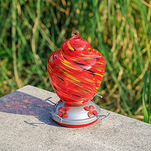 REZIPO Hummingbird Feeder with Perch - Hand Blown Glass - 38 Fluid Ounces Hummingbird Nectar Capacity Include Hanging Wires and Moat Hook (Yellow) - color: Yellow
