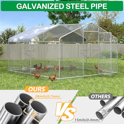 Large Metal Chicken Coop, Walk-in Chicken Run Pen with Waterproof Cover, Spire Roof Poultry Cage Run for Outdoors, Backyard, Farm(9.7'Wx12.99'Lx6.4'H) - size: 13'Lx9.7'W