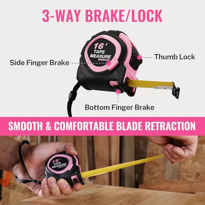 WORKPRO 16-FT Tape Measure with Fractions, 3 Brakes Retractable Measuring Tape, Compact Measurement Tape with Magnetic Hook, Nylon Coating Blade Accuracy 1/32”, Pink - style: 16-FT