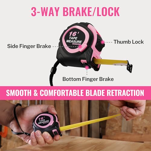 WORKPRO 16-FT Tape Measure with Fractions, 3 Brakes Retractable Measuring Tape, Compact Measurement Tape with Magnetic Hook, Nylon Coating Blade Accuracy 1/32”, Pink - style: 16-FT