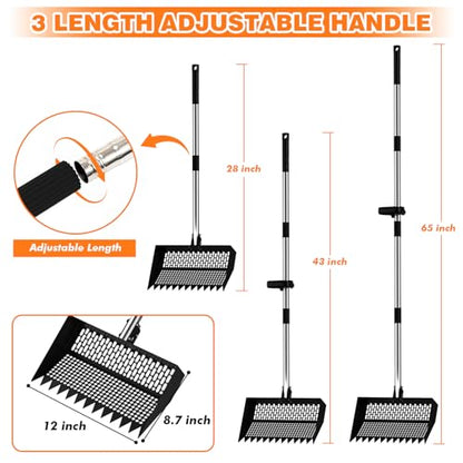 2-in-1 Chicken Poop Scooper & Chicken Coop Rake, Adjustable Stainless Steel Handle Chicken Coop Sifting Litter Shovel & Metal Litter Sifter (12 Inch, 28-65"，Black)