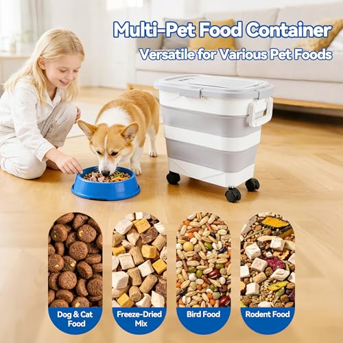 Dog Food Storage Container 30-40lbs, Airtight Pet Food Bin with Locking Lid & Clear Window, Collapsible Rolling Storage Container with Wheels & Scoop, Gray - color: Gray-L