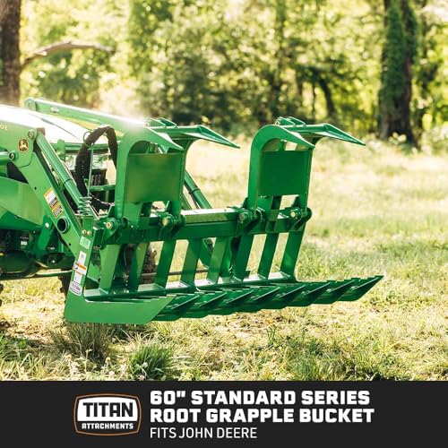 Titan Attachments 60" Standard Series Root Grapple Bucket Fits John Deere Hook and Pin, Dual Cylinder Hydraulic Design for Medium-Duty Jobs Like Clearing Brush, Branches, and Roots