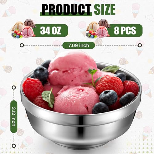 Funnymoom 8 Pack 34 oz Stainless Steel Bowls Double Walled Insulated Soup Ice Cream Metal Mixing Nesting Bowls for Serving Soup Rice Cereal - size: 34 oz