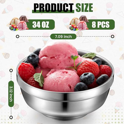 Funnymoom 8 Pack 34 oz Stainless Steel Bowls Double Walled Insulated Soup Ice Cream Metal Mixing Nesting Bowls for Serving Soup Rice Cereal - size: 34 oz