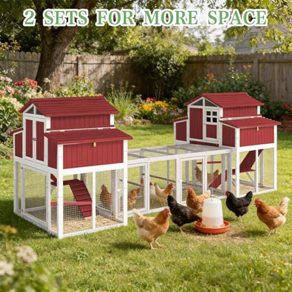 Gowoodhut 230.72" L 2-Story Chicken Coop with Extra Run Cage,Chicken House Hen House with 4 Large Nesting Boxes,Expandable Poultry Cage for 8-12 Chicken with 12 Perching Bars,Pull-Out Tray,Ramps(RED) - size: 230.7"L x 56.3"W x 52.8"H