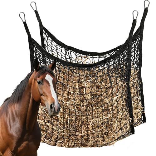 2 Pcs Slow Feed hay nets for Horses Large Capacity Hanging hay Bags 31 x 28 Inch Horse hay Feeder Suitable for All Day Feeding of Horses Goats Sheep Donkey and Trailer,Black