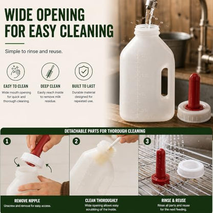 Calf Feeding Bottle with Screw Replacement Nipple, 2 Quart Heavy Duty Calf Milk Feeder with Handle, Leakproof Nursing Bottle for Calves, Lambs & Goats, Livestock Feeding Supplies (White)