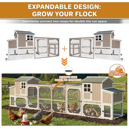 Large 95.3 in Outdoor Chicken Coop with Run & Wheels for 3-6 Chickens | Wooden coop with 3-compartment nesting box, 2 dividers, pull-out tray, UV-resistant roof, predator-resistant wire mesh