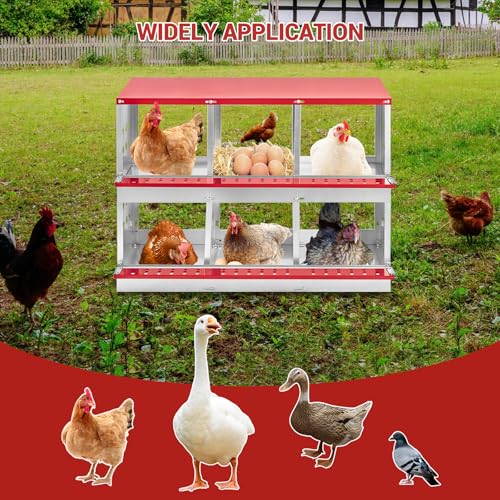 GarveeLife Chicken Nesting Boxes for Laying Eggs, Metal Chicken Nesting Box with Vented Holes and Swing Perch for Chicken Coop, Egg Laying Boxes for Chickens, Hens, Ducks (6 Compartments)