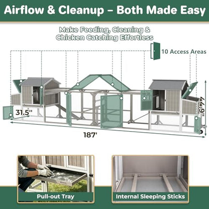 187" L Extra Large Chicken Coop for 6-8 Chickens, Outdoor Hen House Chicken Tractor with 6 Nesting Box, Wooden Quail Hutch Poultry Cage Wheels and Run (Set of Two) - size: 187.0"L x 31.5"W x 45.0"H