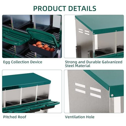 Chicken Nesting Box, 10 Compartment Roll Away Egg Laying Box for Hens, Wall Mounted & Freestanding (2 Modes of Use), Easy Egg Collection, Cleanable Pull Out Nesting Box, Grn, NL - color: Green, size: 10 - Slot
