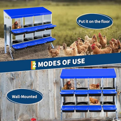 Chicken Nesting Box, 8-Hole Roll Away Egg Laying Box with Lid, Galvanized Steel Rustproof Design - Easy Egg Collection, Easy Clean with Bracket Legs, Blue - color: blue, size: 8 HOLES WITH LEGS