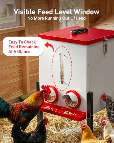 55 LBS Large Metal Chicken Feeder, 40L Automatic Poultry Feeder with 4 Feeding Ports, No Waste Catch Tray, Height Adjustable, Weatherproof for Chicken Coop Outdoor Backyard | 55 LBS Large Metal Chicken Feeder