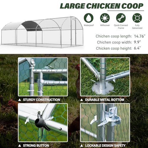ORANLAND Large Metal Chicken Coop, 14.8x9.9x6.6ft Walk-in Chicken Runs with Cover, Dome Roof Chicken Pen with Security Lock, Outdoor Duck Rabbit Cage Poultry Pen for Backyard, Farm, Yard - size: 177.2"L x 119.0"W x 77.0"H