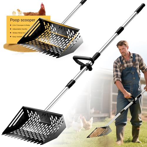 Pugala 5-in-1 Large Chicken Poop Scooper & Rake – 24" to 68" Long Adjustable Stainless Steel Handle, 10" Wide Metal Sifting Shovel Head – Heavy Duty Chicken Coop Cleaning Tool for Litter & Sand,Black