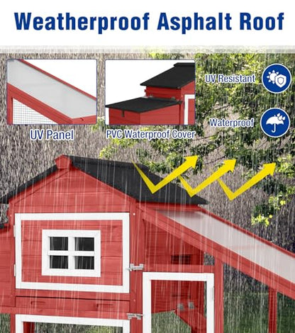 Chicken Coop with Run and Wheels Outdoor Poultry Hen House with Slide-Out Tray Chicken Cage Weatherproof Roof Predator-Proof for Backyard Red - color: 72.3"L Red & White