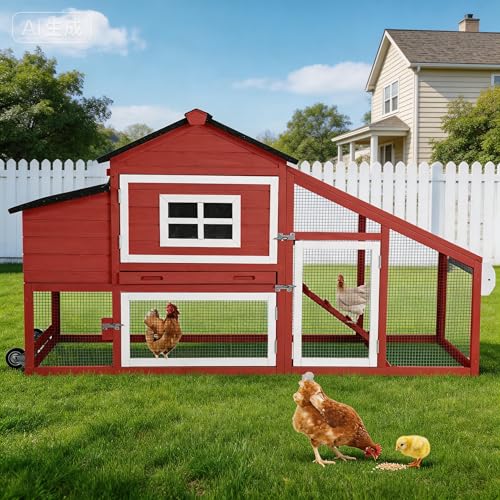 Chicken Coop with Wheels, Outdoor Chicken Tractor with Leak-Proof Tray, UV-Resistant Roof & Nesting Box for Chickens, Ducks, Rabbits - color: Red