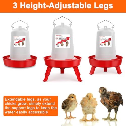 2-in-1 Chick Starter Set: 0.3 Gal Feeder & 0.4 Gal Waterer with Adjustable Legs for Baby Chicks, Hanging Hooks, Anti-Drown Design - BPA-Free Plastic (Red) - color: Red