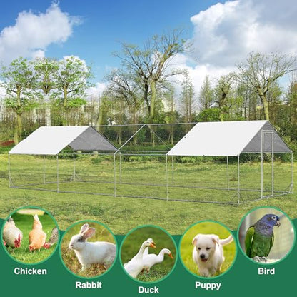 Large Metal Chicken Coop Round Top Upgrade Tri-Supporting Wire Mesh Chicken Run,Chicken Pen with Water-Resident and Anti-UV Cover,Duck Rabbit House Outdoor (Spire Roof 10’ W x 26.2’ L x 6.5’ H) - size: 314.4"L x 120.0"W x 78.0"H