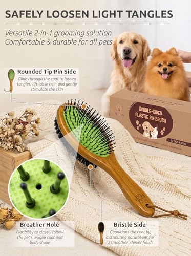 TAKAVU Pin & Bristle Pet Brush for Dogs & Cats - Double Sided Grooming Tool Detangles, Removes Loose Hair & Conditions Coat - Wood Handle - color: Black Boar Bristle & Pin Brush