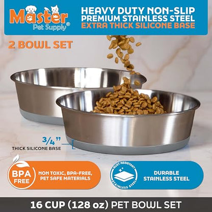 Master Pet Supply Stainless Steel Dog Bowls Set of 2 with Extra Thick Silicone Base - 16 Cup (128 oz) Graphite, Non-Slip, Dishwasher Safe Metal Bowls, Pet Dog Food Bowl for Dogs, Cats, Anti Rust - color: Graphite, size: 16 Cups (128 oz) 2 Pack