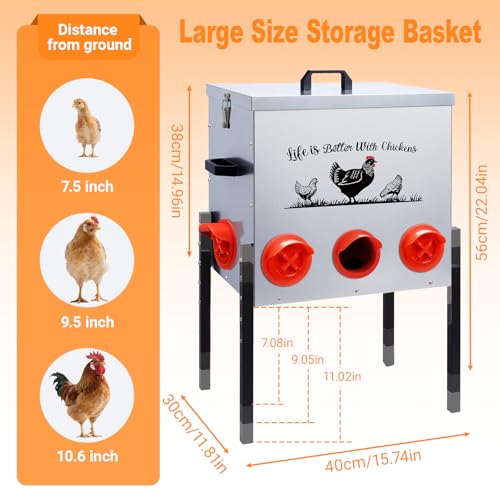 50LB Automatic Chicken Feeder–8 Feeding Ports No-Waste Galvanized Metal Chicken Feeder Box with Adjustable Legs & Locking Lid Poultry Feeder for Chickens,Ducks,Geese,Rust-Resistant - size: 50LB