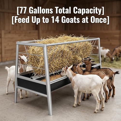 Anti-Waste 77 Gallon Hay Feeder, Premium Stainless Steel Feeder with Rubber Base Trough, Heavy Duty Farm Equipment for Goats, Sheep, Calves and Horses Daily Feeding