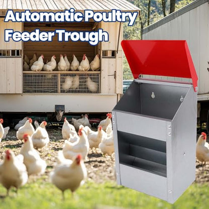 Generic Galvanized Chicken Feeder, Wall Mount Hanging Automatic Poultry Feeder with Lid Weatherproof Powder Coated No Waste, for Outside Coop 10lbs Capacity