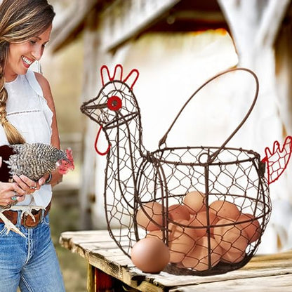 Rustic Wire Egg Basket with Handle, Rooster Chicken Shaped | Metal Construction, Holds 15-30 Eggs, Farmhouse Countertop Decor, Chicken Coop, Easter and Gift