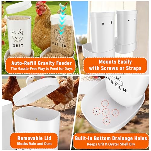 Chicken Grit and Oyster Shell Feeder, 2 Pack No Waste Hanging Chicken Feeder Combo, Waterproof ABS Automatic Gravity Poultry Feeder with Lid Rounded Edges, Coop Accessories for Healthier Hens and Eggs