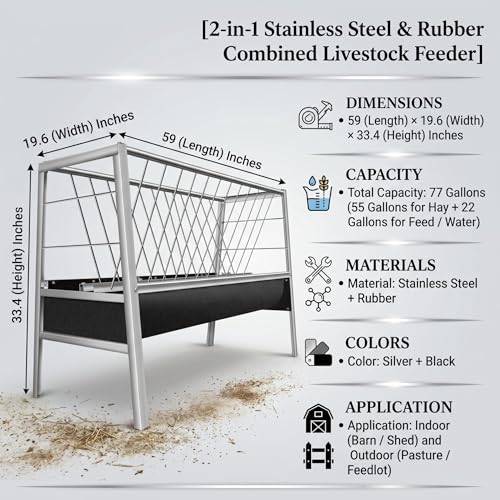 Sheep Trough, 55Gal Hay 22Gal Grain Dual Compartment Livestock Hay Feeder, Stainless Steel Goat Hay Feeder Large Capacity Pasture Grain & Hay Feeder for Goat Sheep Cattle.