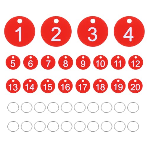 PATIKIL 20PCS Number Tags 1-20, Number Key Tags Plastic Numbered Keychain with Key Rings for Organizer Field Sales Hangers Clothes Labels ID, Red - color: Red