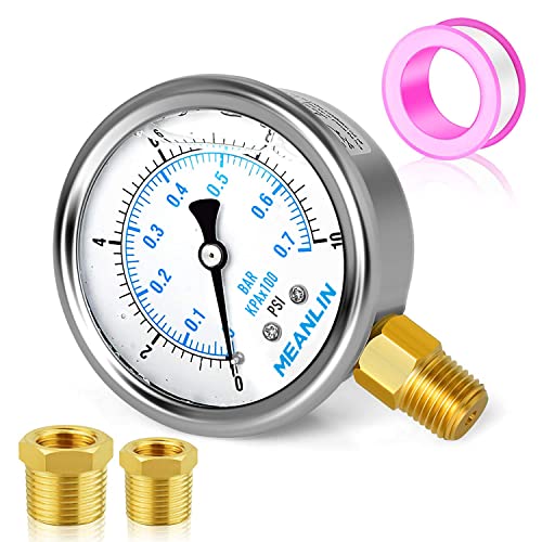 MEANLIN MEASURE 0~10Psi Stainless Steel 1/4" NPT 2.5" FACE DIAL Liquid Filled Pressure Gauge WOG Water Oil Air Lower Mount, with 1/2" NPT and 3/8" NPT Hex Bushing - size: 0-10Psi