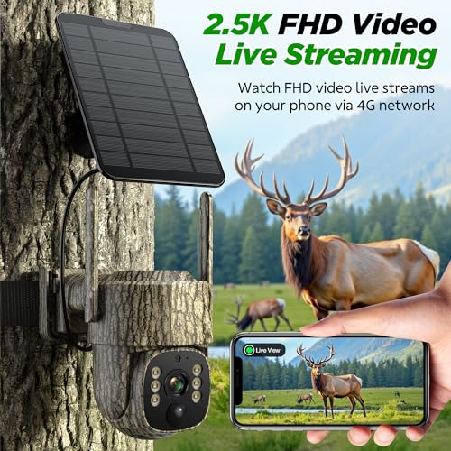 VOOPEAK Trail Camera, 4G LTE Cellular Game Cameras with 360° Live Streaming, 2.5K Wildlife Hunting Camera Solar Powered, Security Camera Built-in SIM Card, Night Vision, Motion Activated, Waterproof