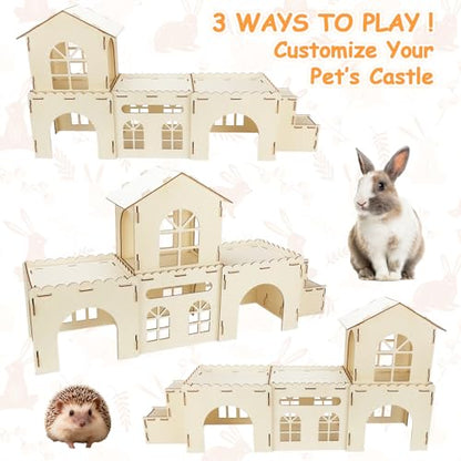 BWOGUE Extra Large Wooden Rabbit Hideout Castle, Detachable Bunny Castle for Rabbits Chinchillas Guinea Pigs, Sturdy Bunny Play House Indoor with Stairs, Small Animal Play Hideaway Hutch - style: 4 House and 1 Ladder