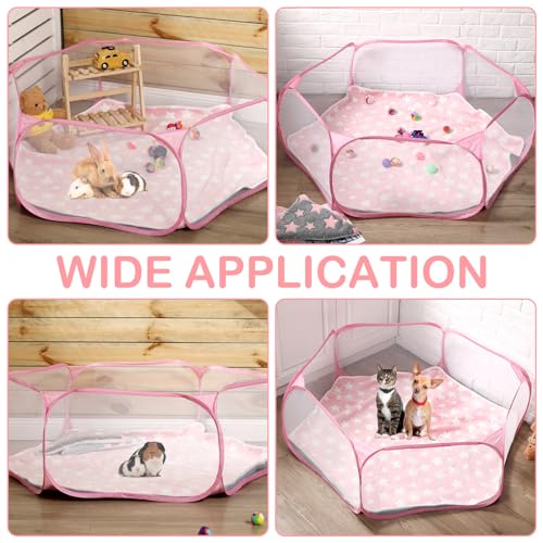 VitalCozy Hamster Playpen with Mat Small Animal Cage Tent Breathable Transparent Guinea Pig Playpen Waterproof Portable Yard Fence Mat Foldable Exercise Playpen Outdoor Indoor (Pink,Star) - color: Pink