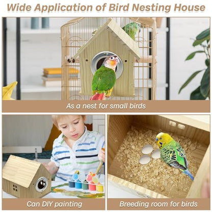 PINVNBY Parakeet Nesting Box Wooden Bird House for Cage Parrot Breeding Mating Box for Lovebirds CockatielFinch Cockatoo Canary and Small and Medium-Sized Birds (L: 7.91 * 6.81 * 6.69 inch) - size: Wood House Shape,L: 7.91*6.81*6.69 inch