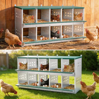 Yafylly 10-Bay Metal Nesting Box for Chickens & Ducks, Wall Mounted Galvanized Steel Coop with Ventilation and Easy Egg Collection