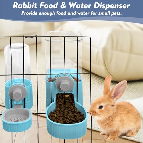 Fhiny Rabbit Food & Water Dispenser, Large Capacity Gravity Guinea Pig Feeder and Waterer Set for Cage Hanging Automatic Bunny Feeder for Bunny Guinea Pig Chinchilla Ferret Cat Puppy - color: Blue
