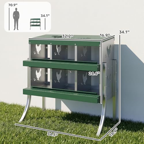 PawHut Chicken Nesting Boxes, 6 Compartment Metal Nesting Boxes for Chickens, Two-Tier Egg Laying Boxes with Vented Holes for Easy Egg Collection, for Hens Ducks, Silver - size: 34.1"L x 18.9"W x 34.1"H, style: Roll Away