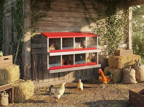 GarveeLife 8 Compartment Chicken Nesting Box, Nesting Boxes for Chickens, Metal Chicken Laying Boxes with Perch, Secure Lid, Versatile Wall Mount or Free Standing for Hens, Red - color: red, size: 8 grids